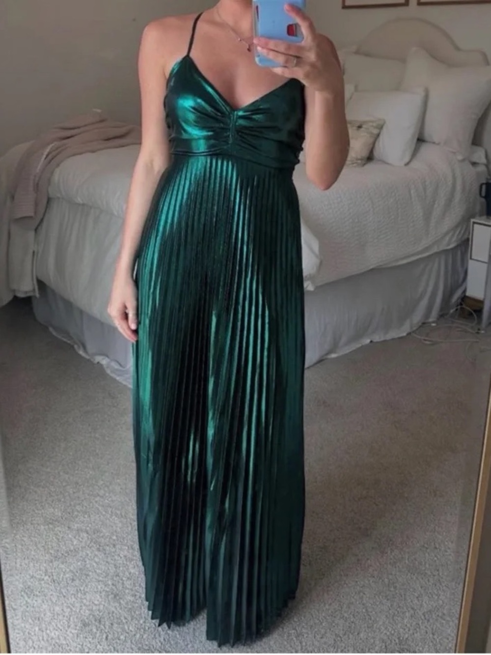 Metallic Emerald Green Pleated Maxi Dress Holiday Homecoming Elegant